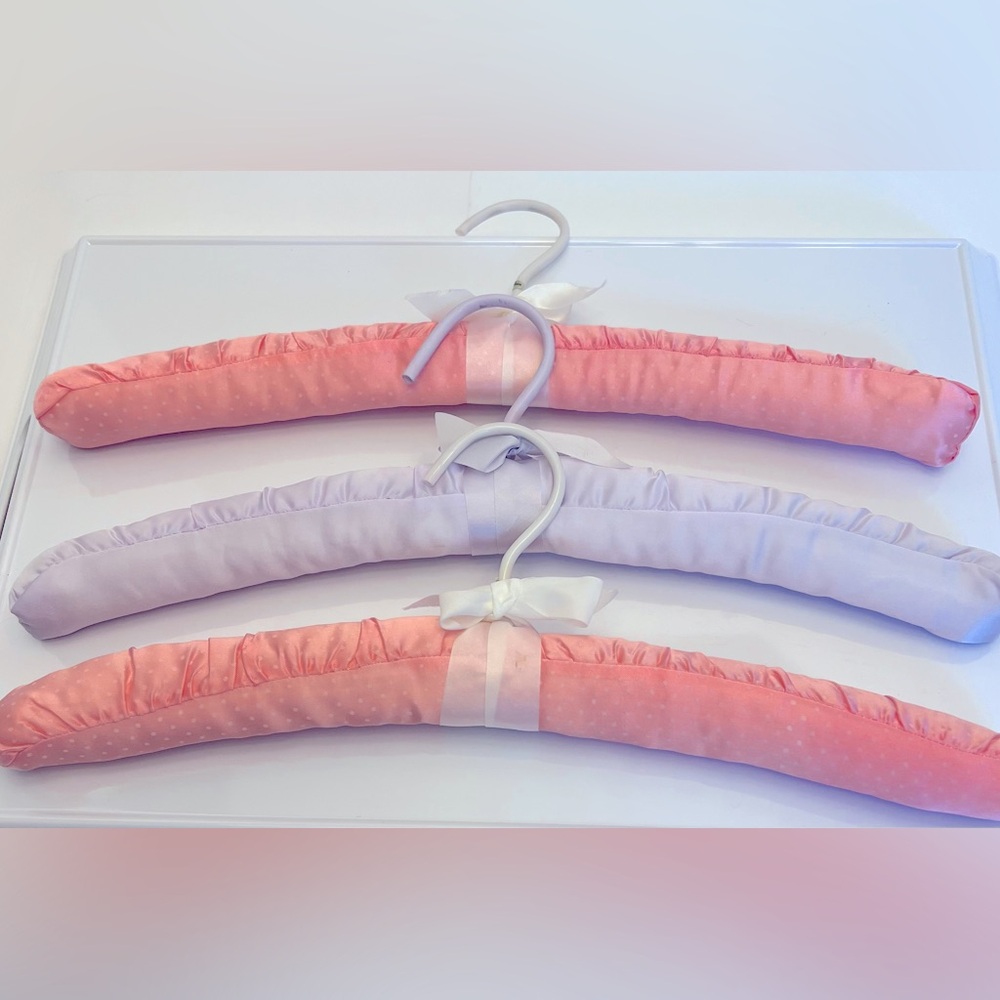 Three Luxurious Padded Satin Hangers-2 Pink Polka Dot and 1 Lilac Hanger.